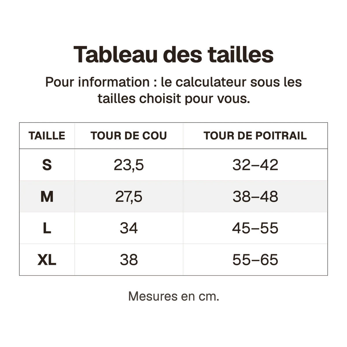 Tableau des tailles du harnais chiot classique ajustable : tour de cou et tour de poitrail du S au XL