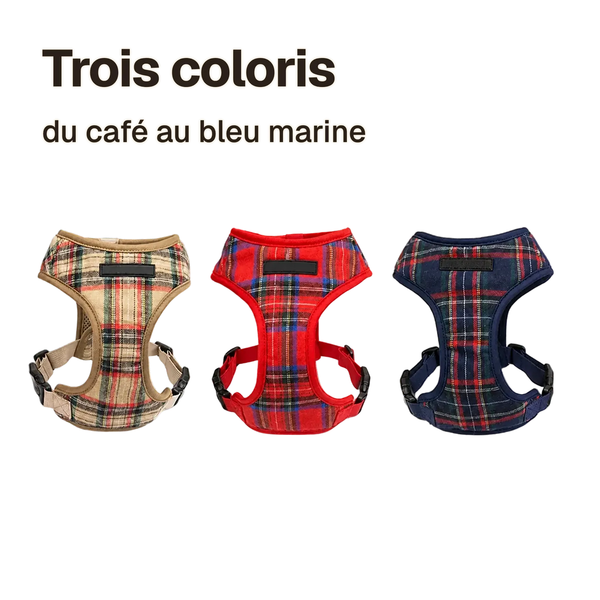Harnais chiot classique ajustable en trois coloris tartan : café, rouge et bleu marine