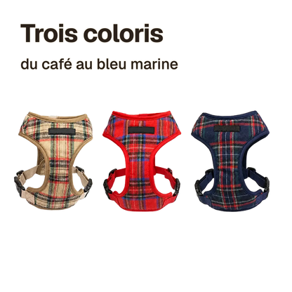 Harnais chiot classique ajustable en trois coloris tartan : café, rouge et bleu marine