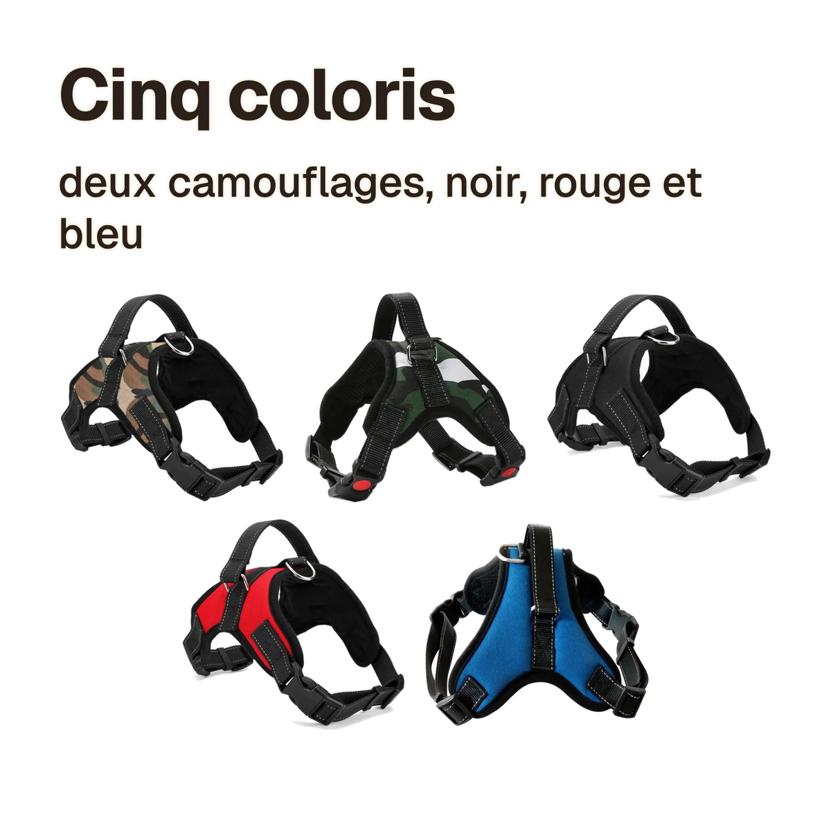 Les cinq coloris du harnais chiot maille respirante : camouflage marron, camouflage vert, noir, rouge et bleu
