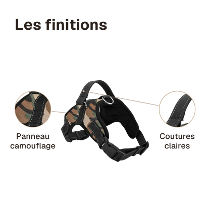 Les finitions du harnais chiot maille respirante : panneau camouflage, coutures claires