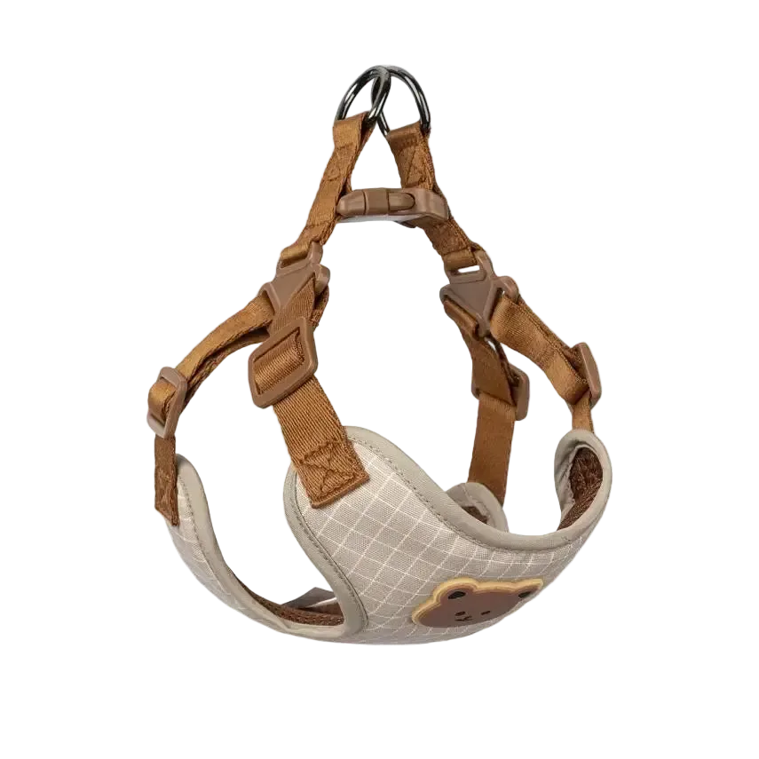 Harnais chiot respirant réglable, coloris beige à motif écossais