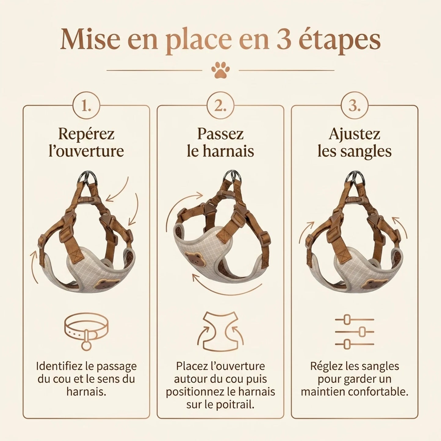 Harnais Chiot Respirant Réglable - mise en place 3 etapes