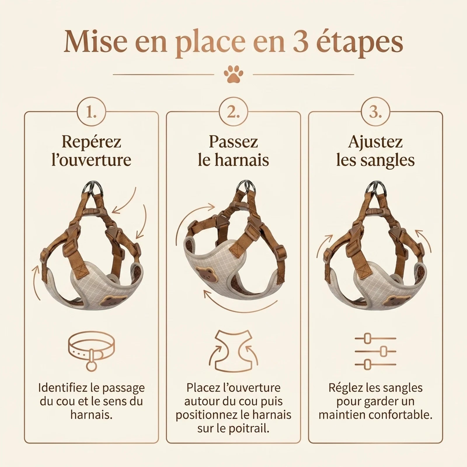 Harnais Chiot Respirant Réglable - mise en place 3 etapes