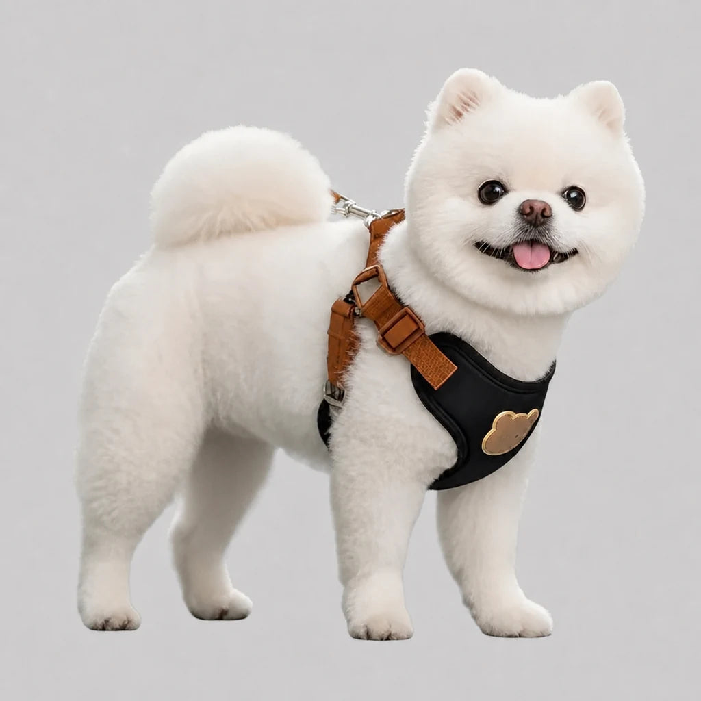Harnais chiot respirant réglable noir porté par un chien poméranien debout