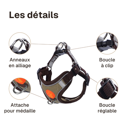 Les détails du harnais chiot souple respirant : anneaux en alliage, boucle à clip, boucle réglable, attache pour médaille