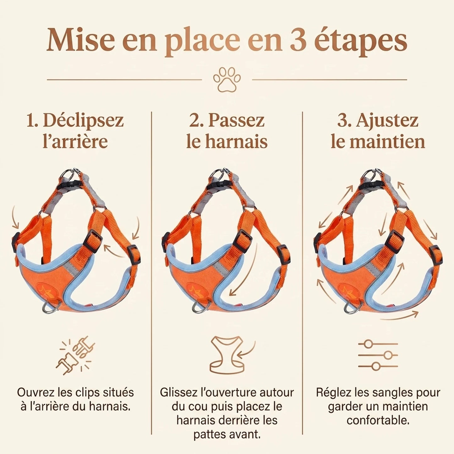 Harnais Chiot Souple Respirant - mise en place 3 etapes