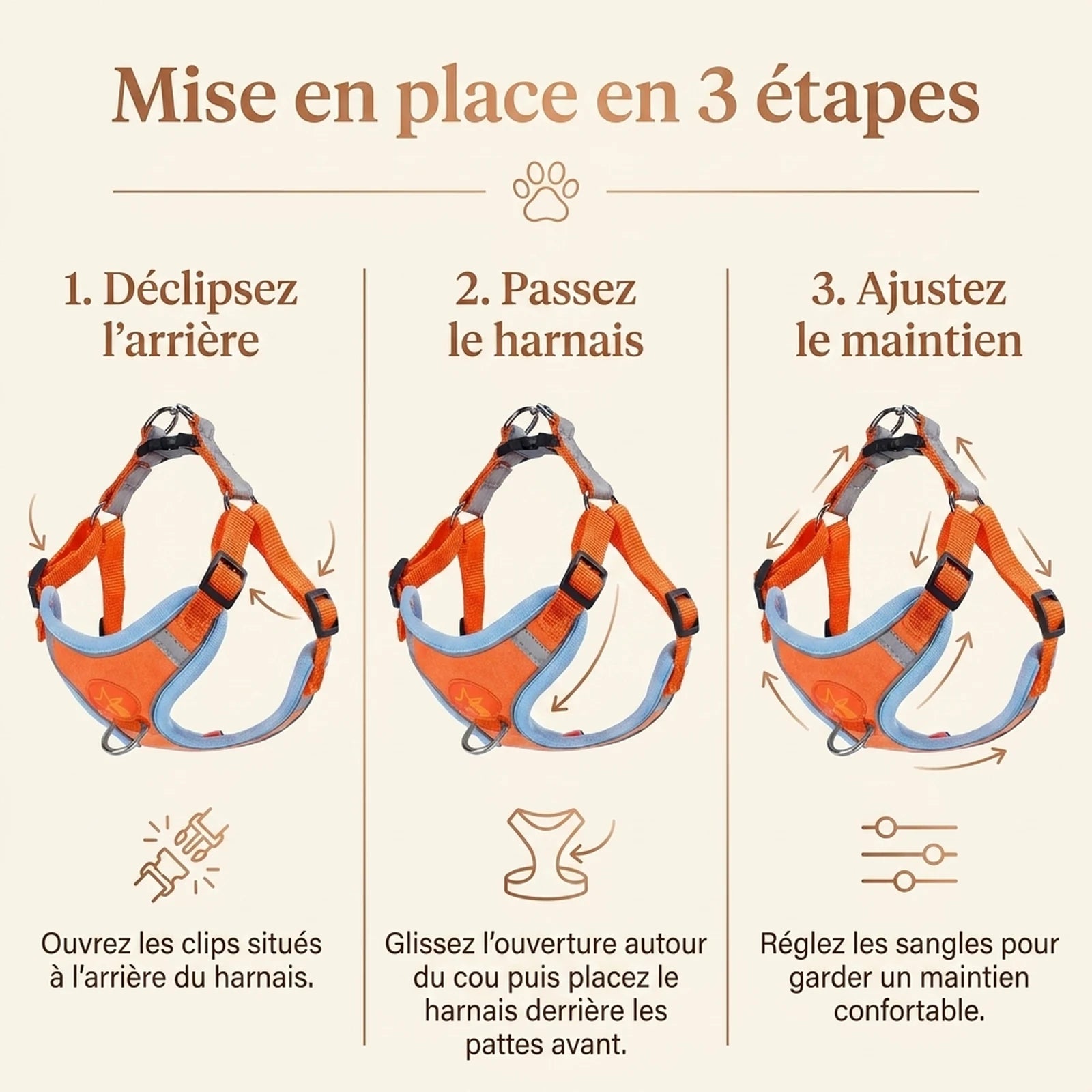 Harnais Chiot Souple Respirant - mise en place 3 etapes