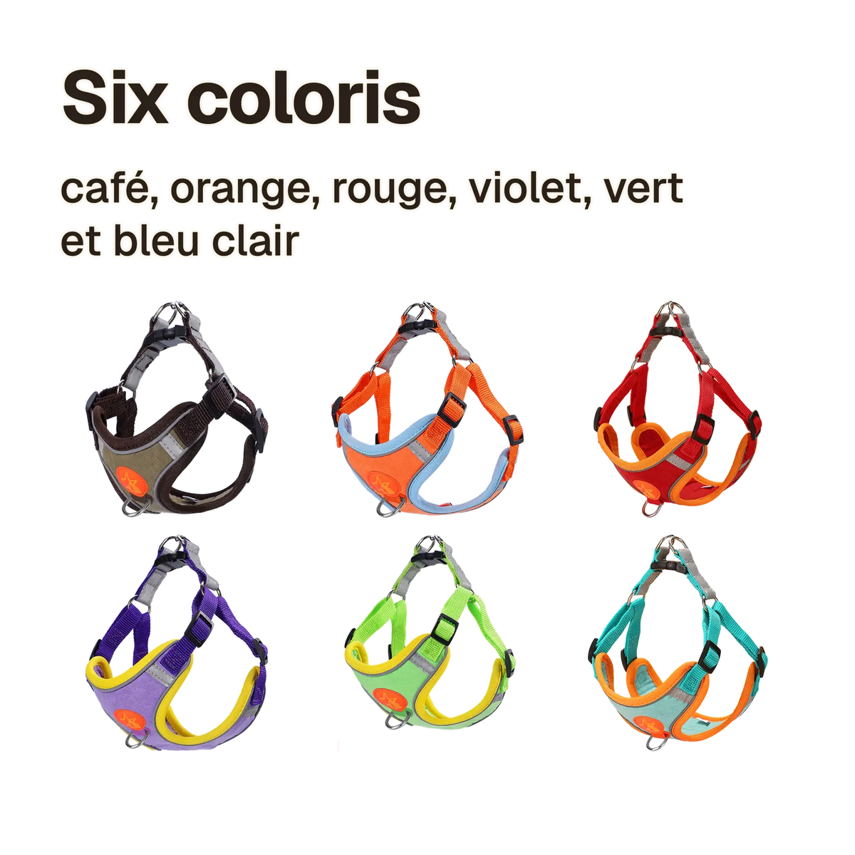 Les six coloris du harnais chiot souple respirant : café, orange, rouge, violet, vert et bleu clair