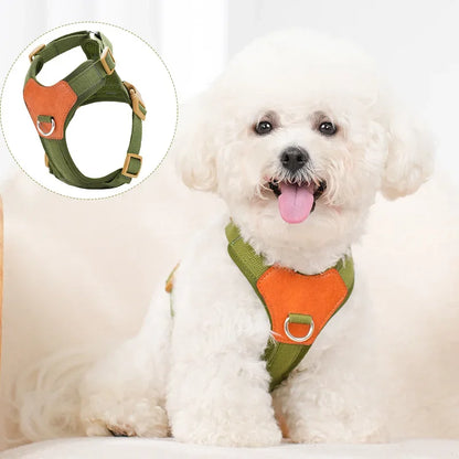 Bichon portant le harnais petit chien confortable kaki avec empiècement orange