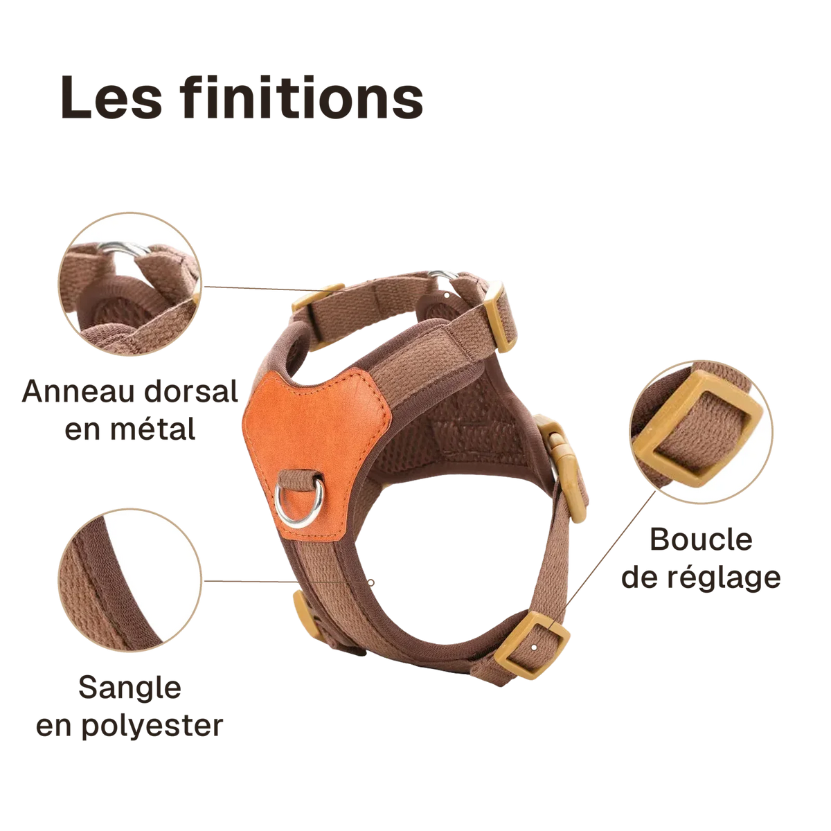 Les finitions du harnais petit chien confortable : sangle en polyester, anneau dorsal en métal, boucle de réglage