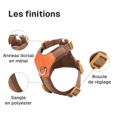 Les finitions du harnais petit chien confortable : sangle en polyester, anneau dorsal en métal, boucle de réglage