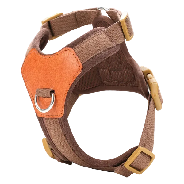 Harnais petit chien confortable, coloris marron avec empiècement orange et anneau avant