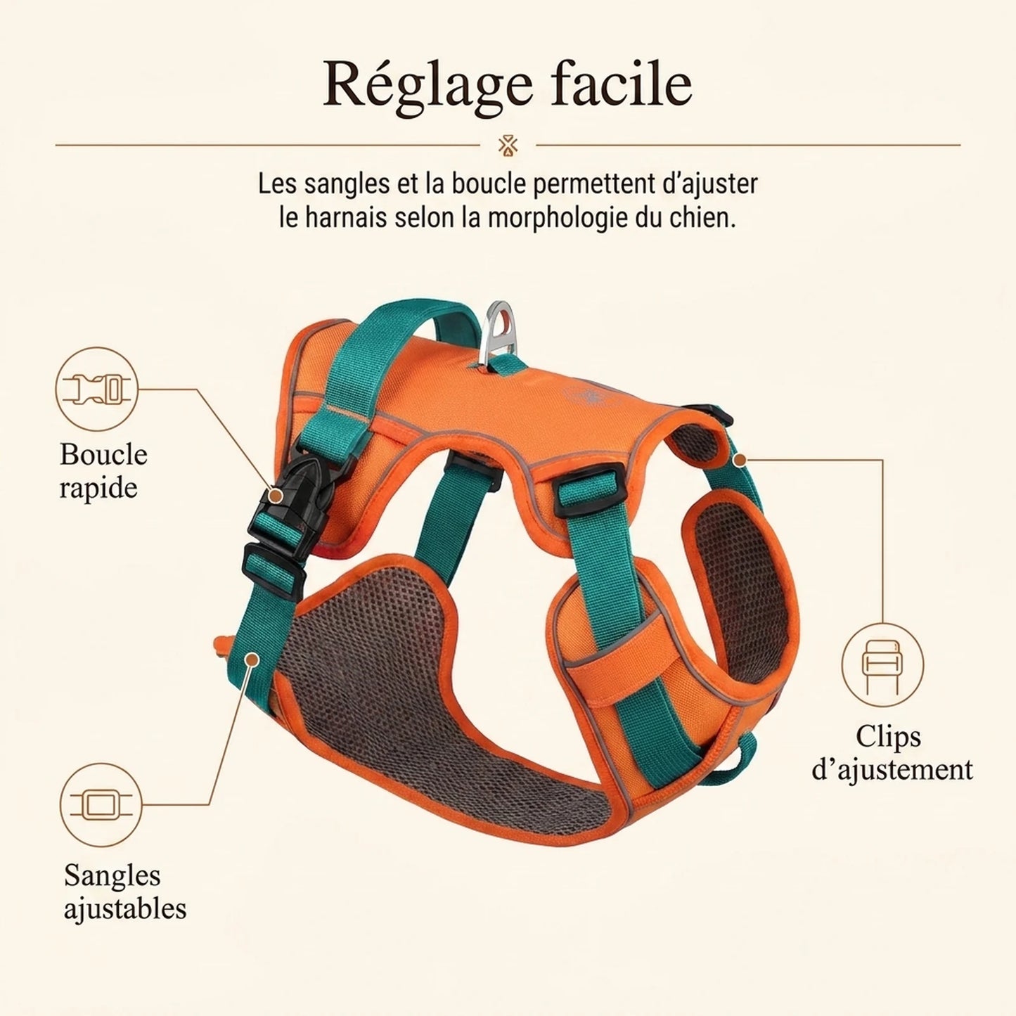 Harnais Petit Chien Maille Respirante - detail reglages