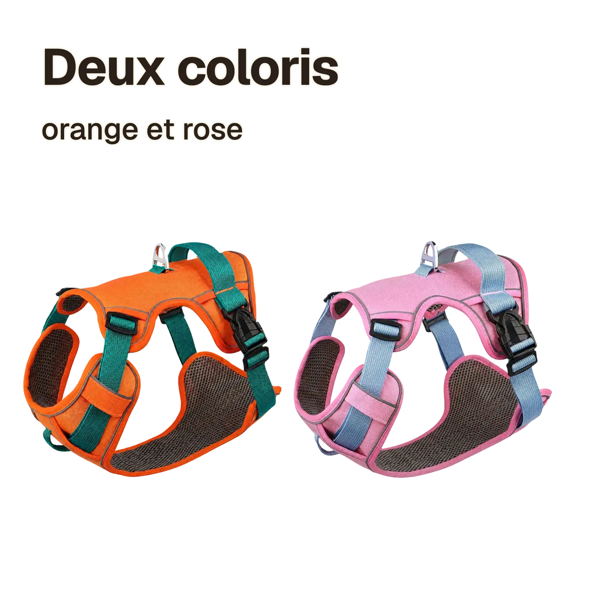 Deux coloris du harnais petit chien maille respirante : orange et rose