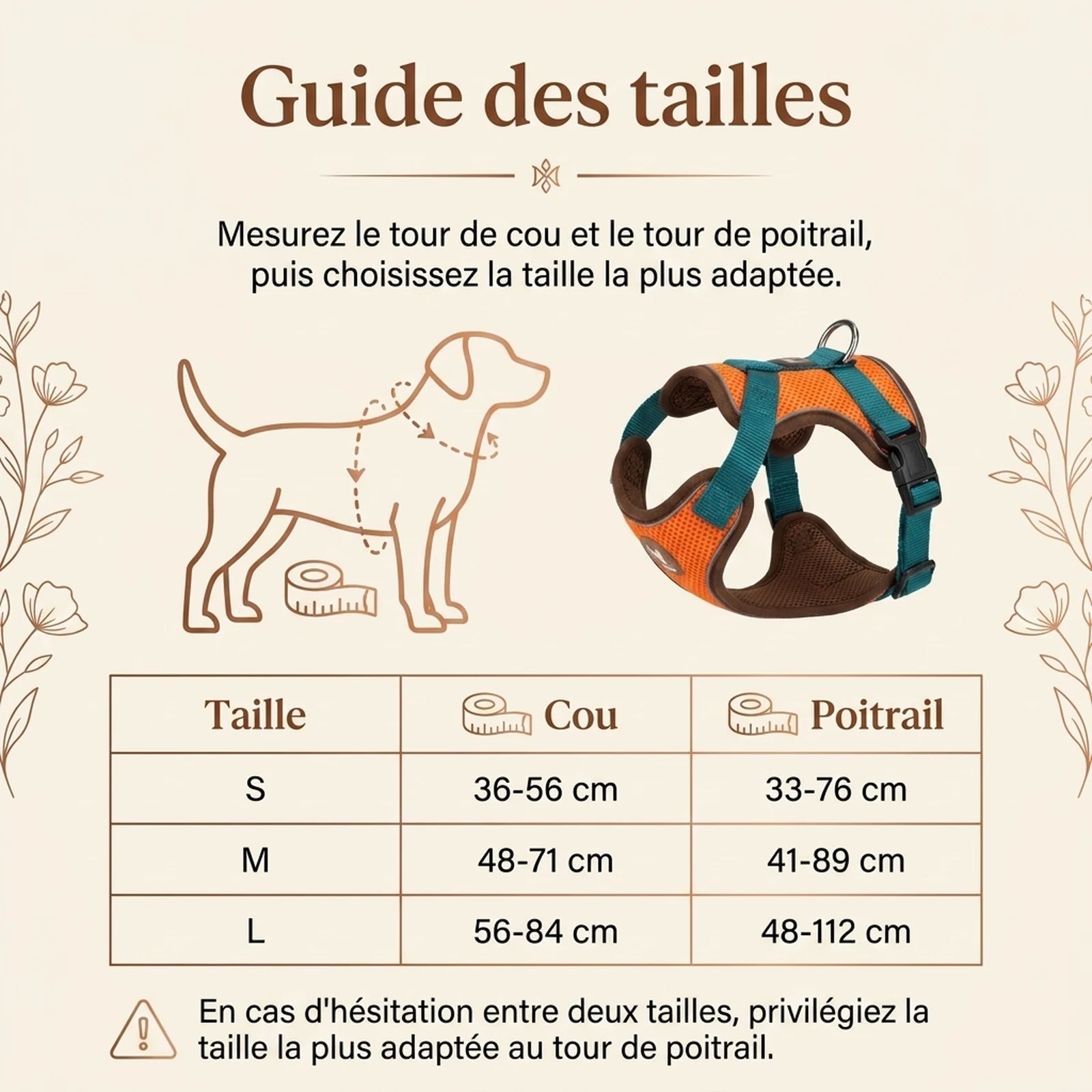 Harnais Petit Chien Maille Respirante - guide des tailles