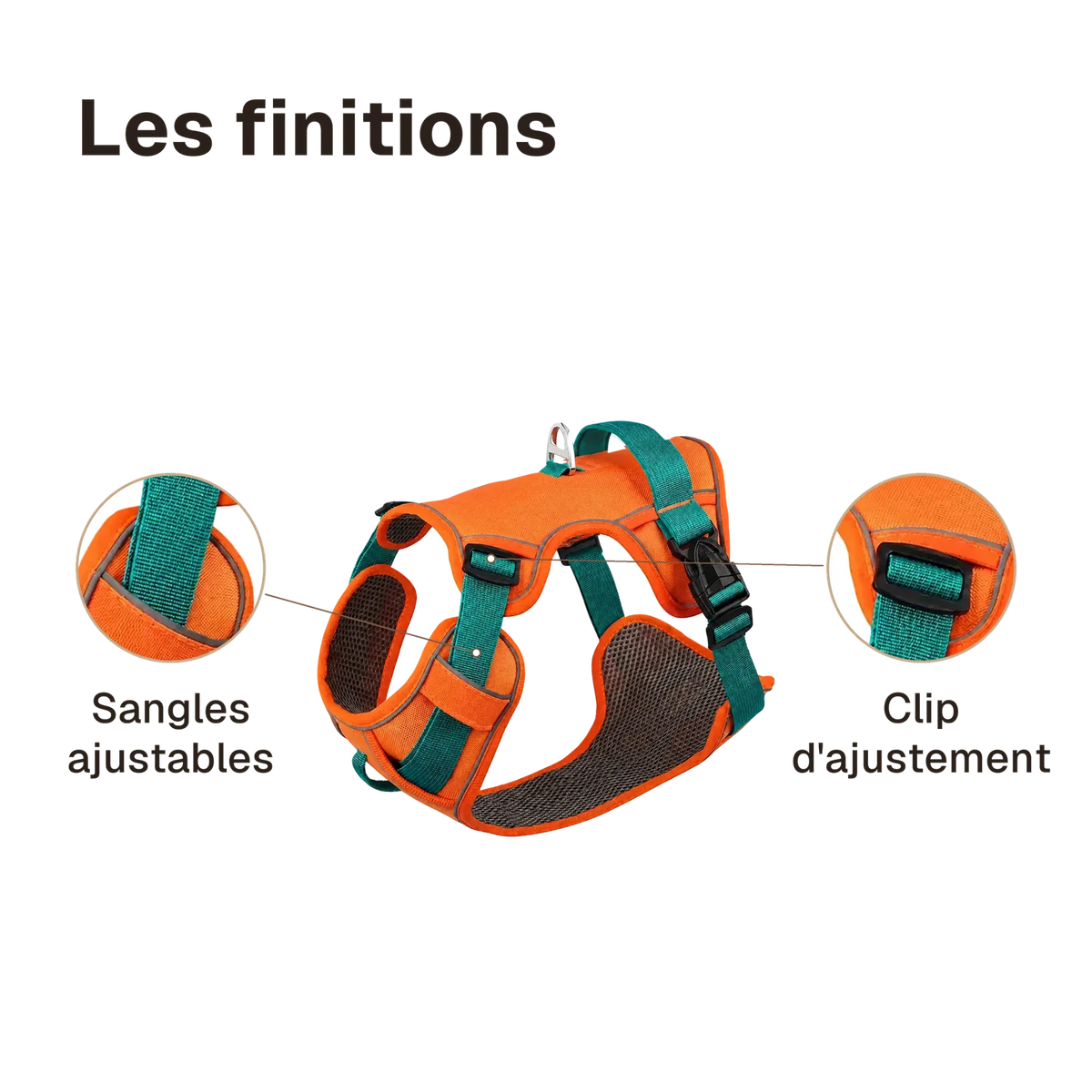 Les finitions du harnais petit chien maille respirante : clip d'ajustement, sangles ajustables