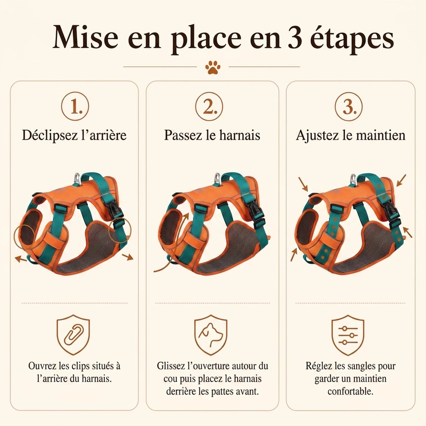 Harnais Petit Chien Maille Respirante - mise en place 3 etapes