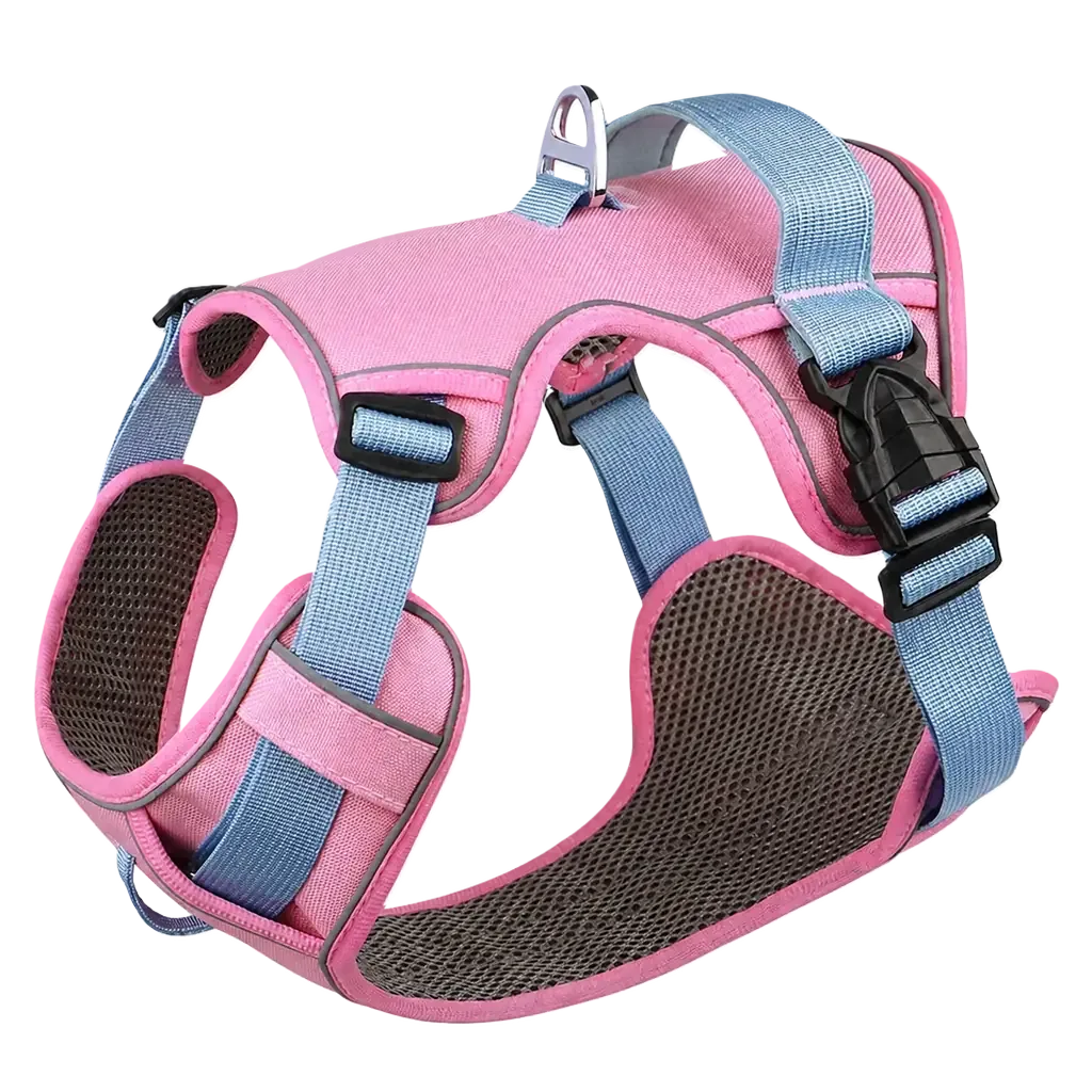 Harnais petit chien maille respirante, coloris rose et bleu, vue de trois quarts