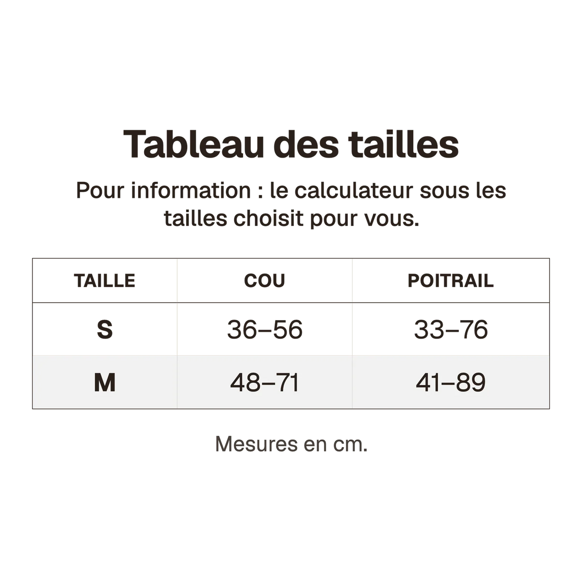 Tableau des tailles du harnais petit chien maille respirante, S et M, selon le cou et le poitrail
