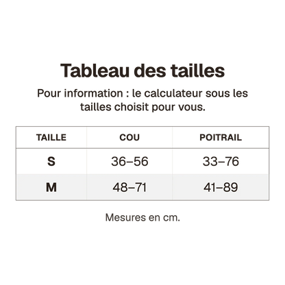 Tableau des tailles du harnais petit chien maille respirante, S et M, selon le cou et le poitrail