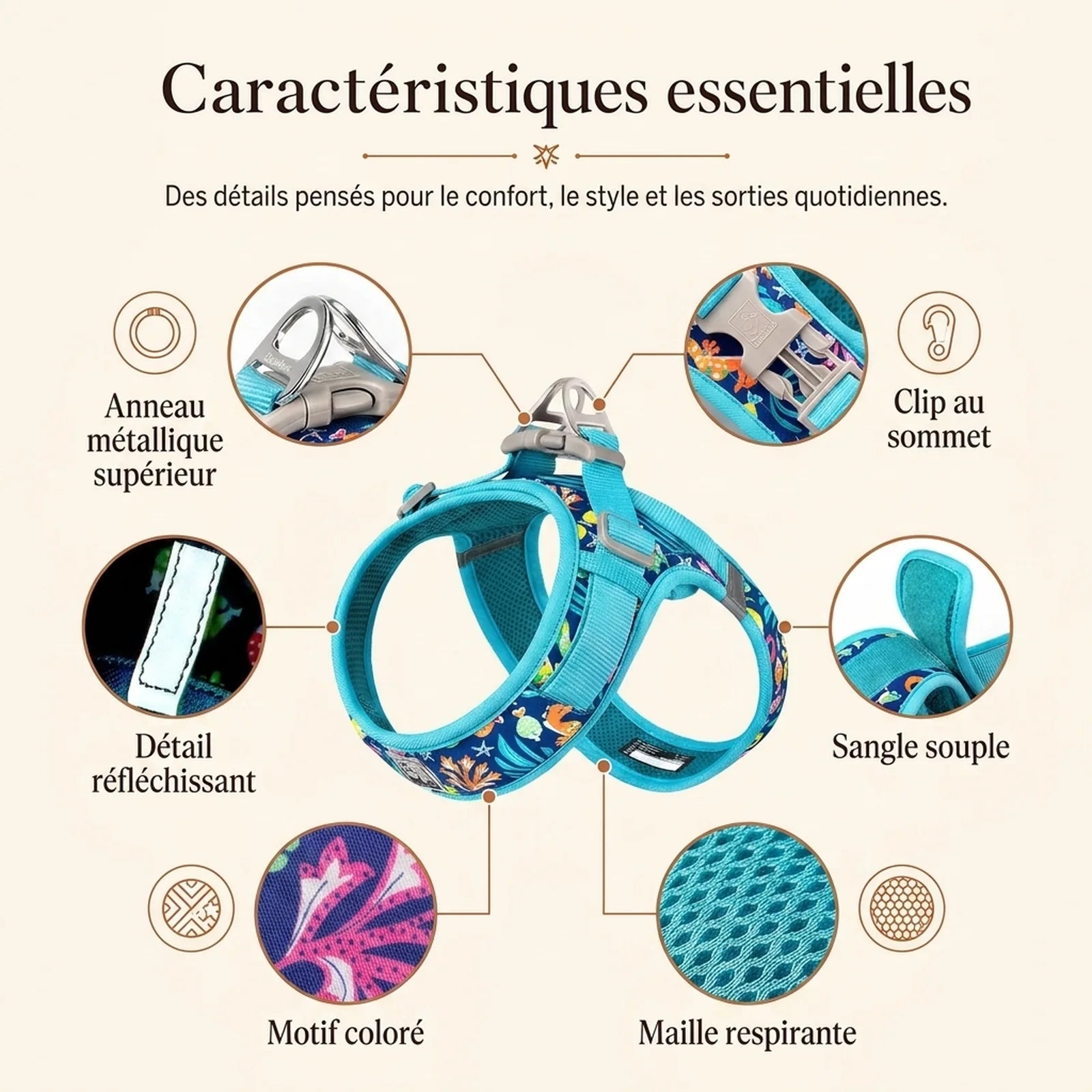 Harnais Petit Chien Motif Respirant - caracteristiques essentielles