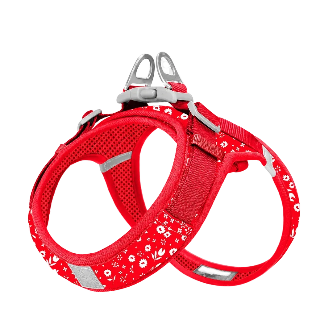 Harnais Petit Chien Motif Respirant, motif fleuri rouge et blanc