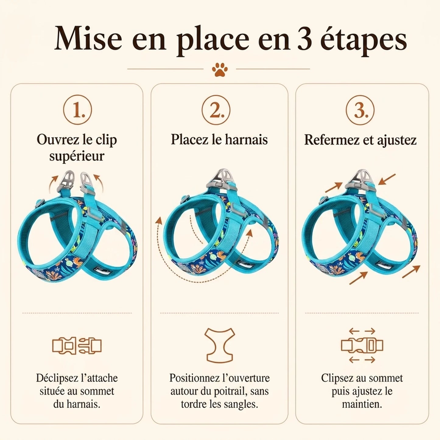 Harnais Petit Chien Motif Respirant - mise en place 3 etapes
