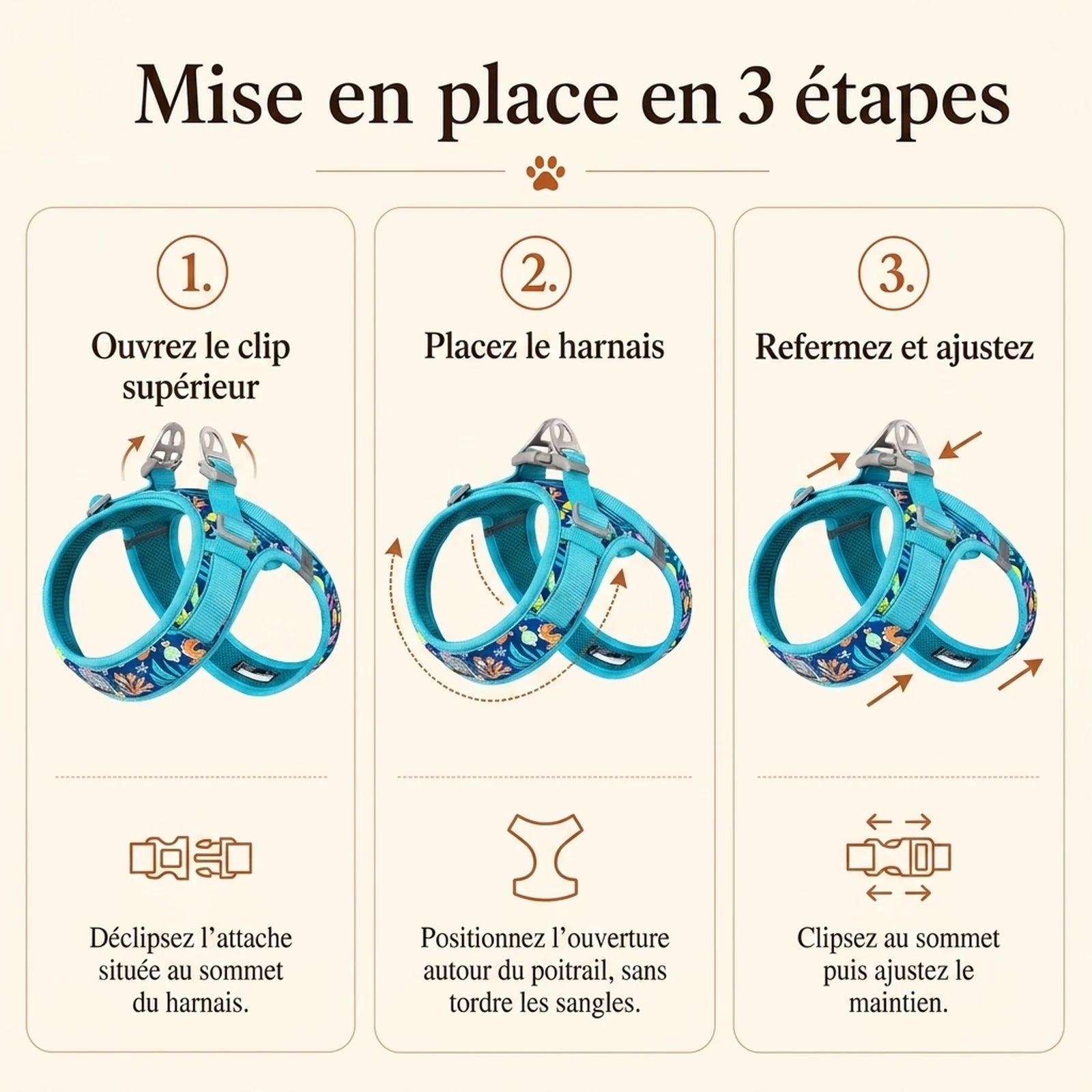 Harnais Petit Chien Motif Respirant - mise en place 3 etapes