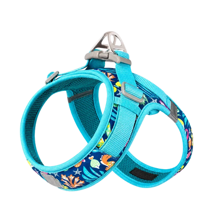 Harnais Petit Chien Motif Respirant, motif tropical turquoise