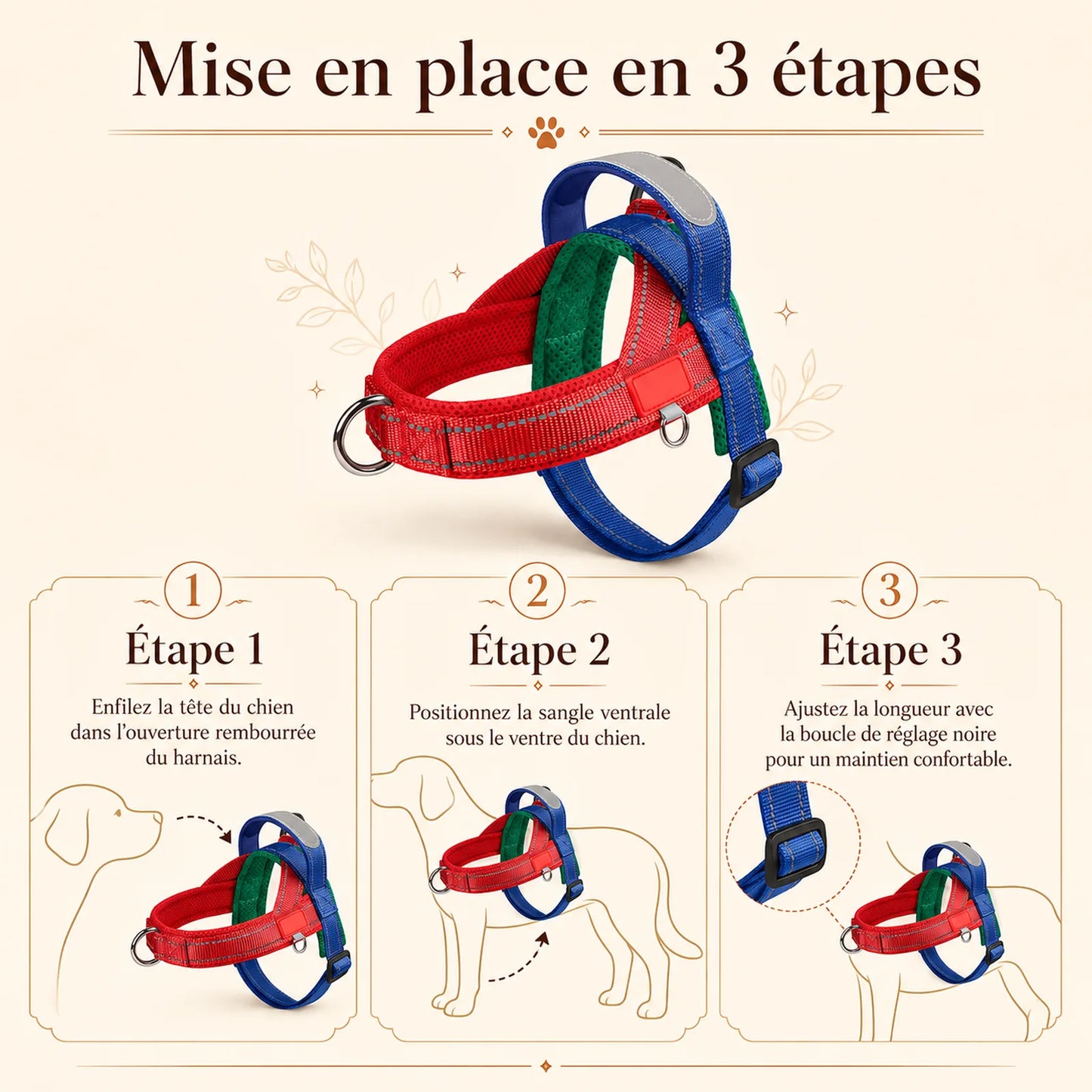 harnais petit chien selle ajustable mise en place 3 etapes