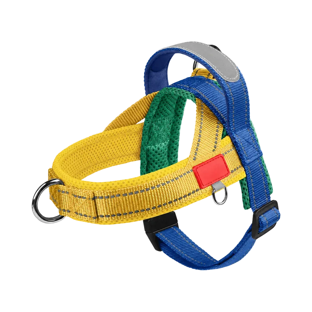 Harnais Petit Chien Selle Ajustable, coloris bleu jaune et vert