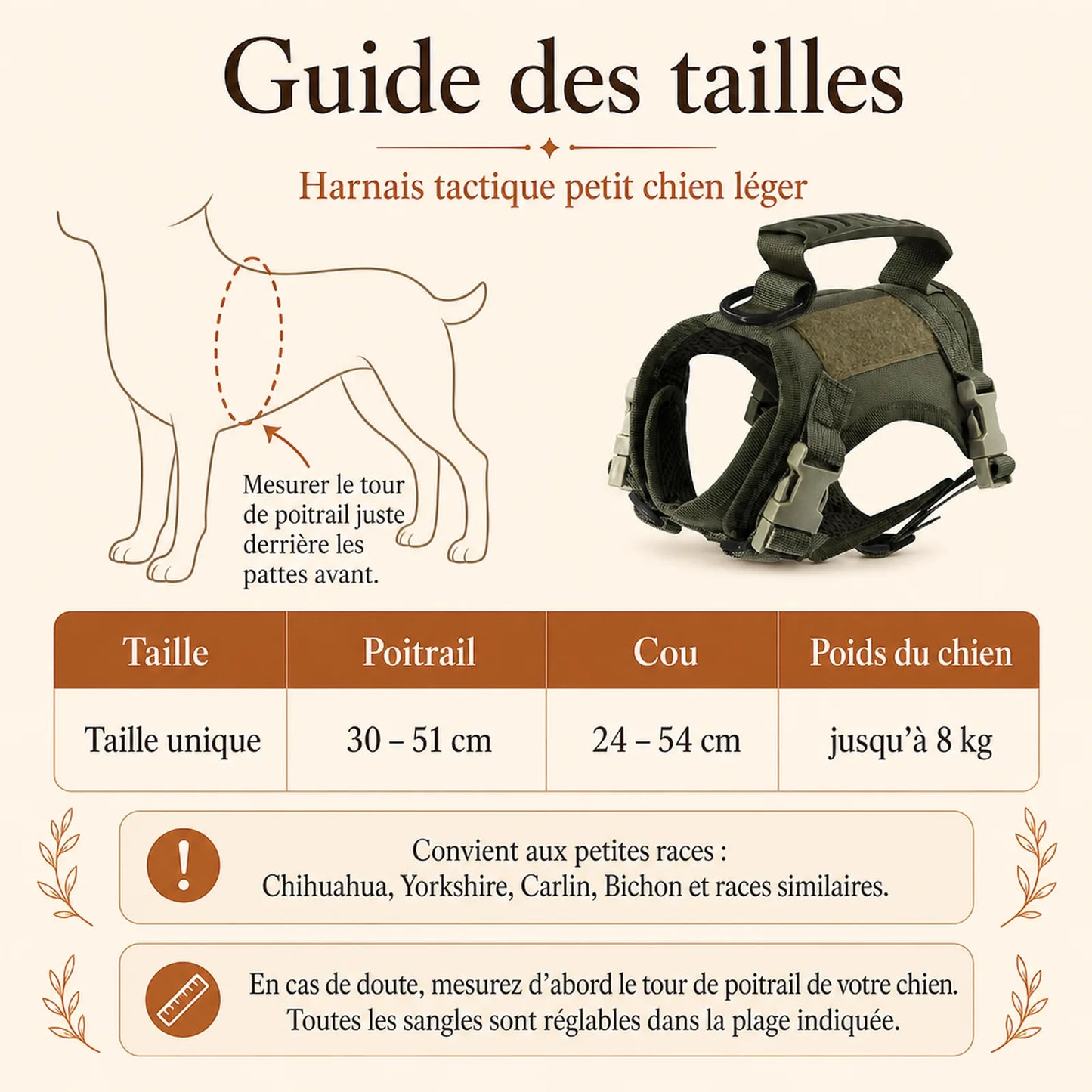 Harnais petit chien tactique leger - guide des tailles