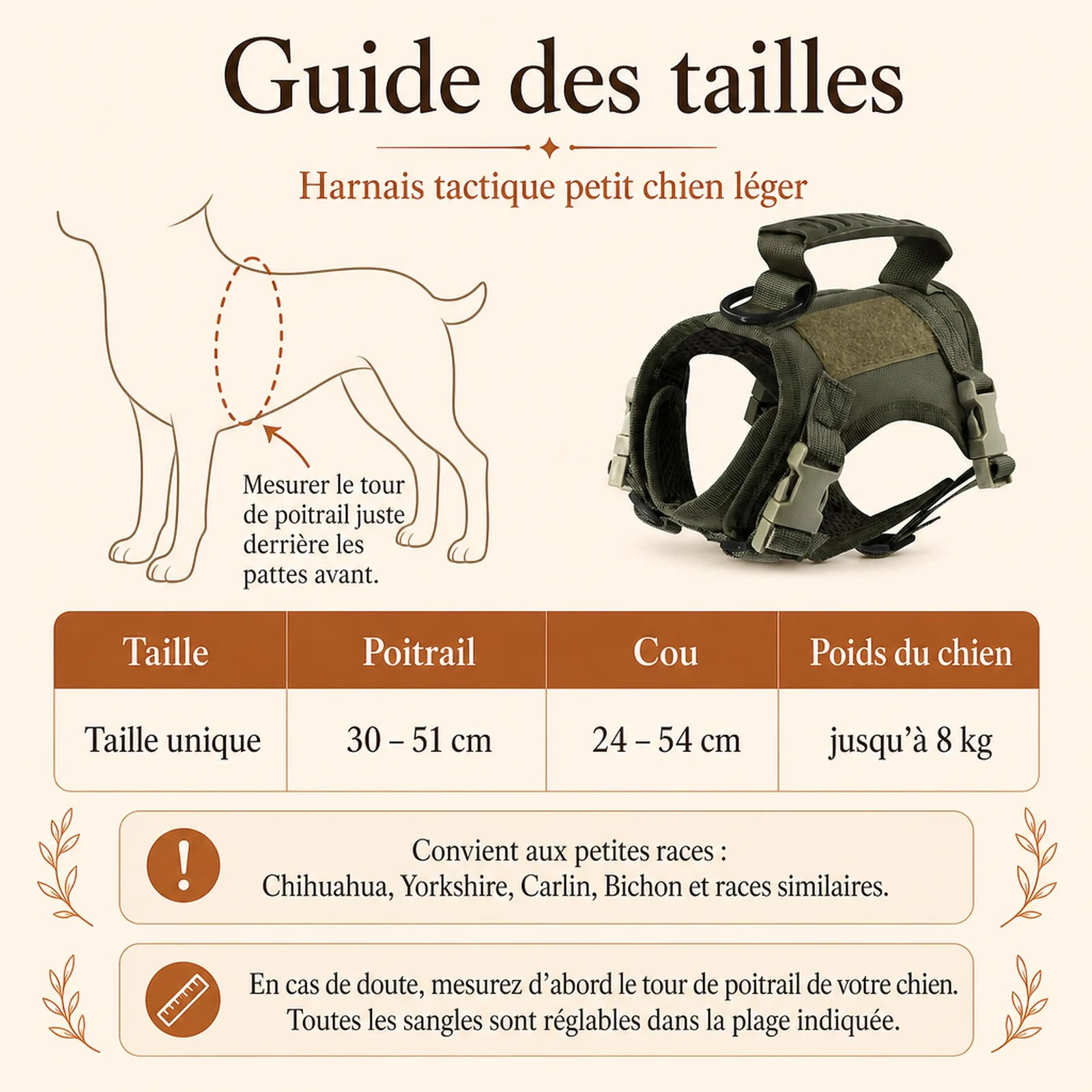 Harnais petit chien tactique leger - guide des tailles