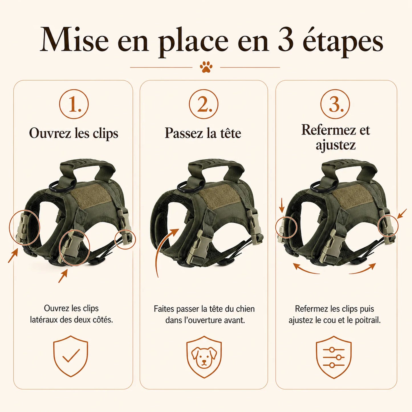 Harnais petit chien tactique leger - mise en place en 3 etapes