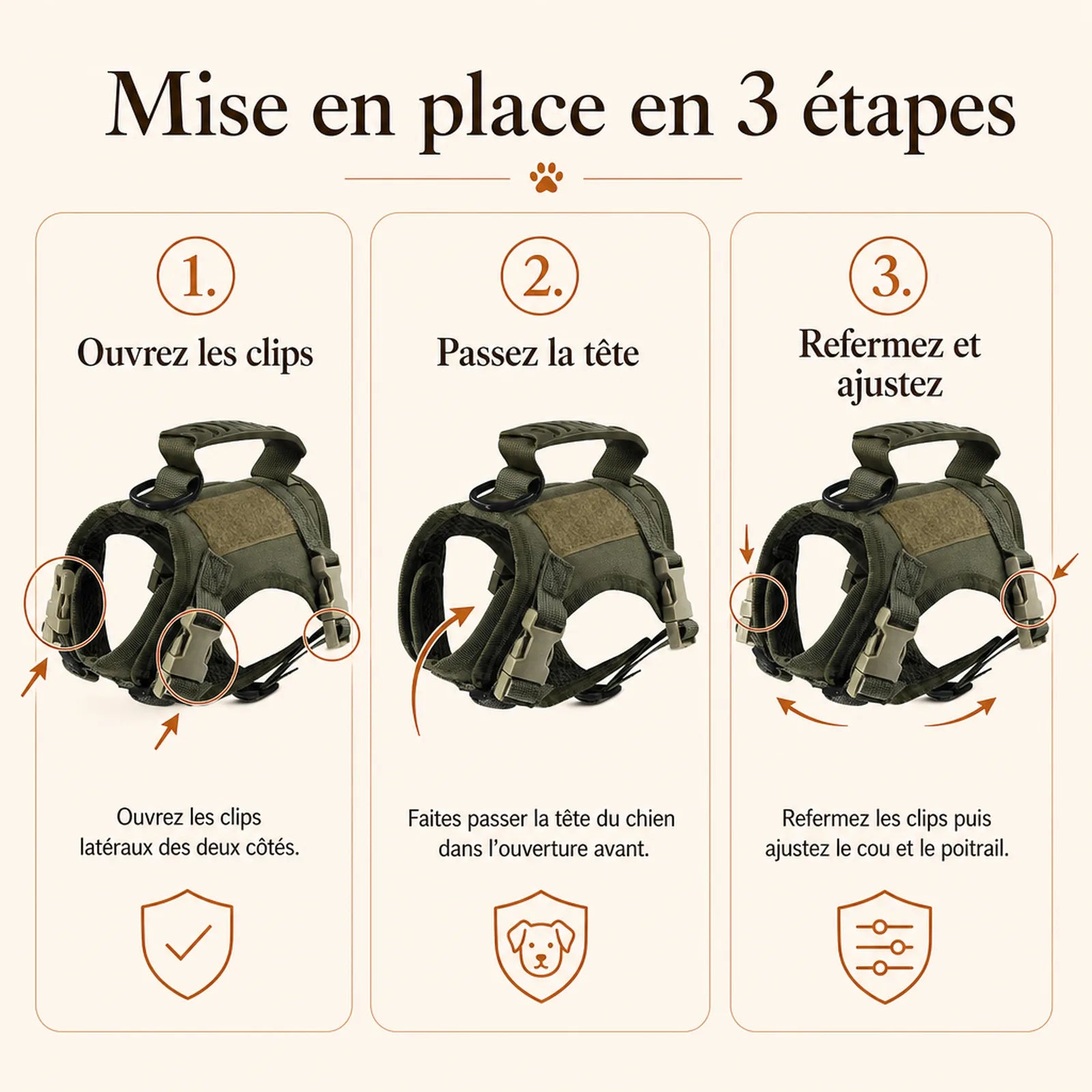 Harnais petit chien tactique leger - mise en place en 3 etapes