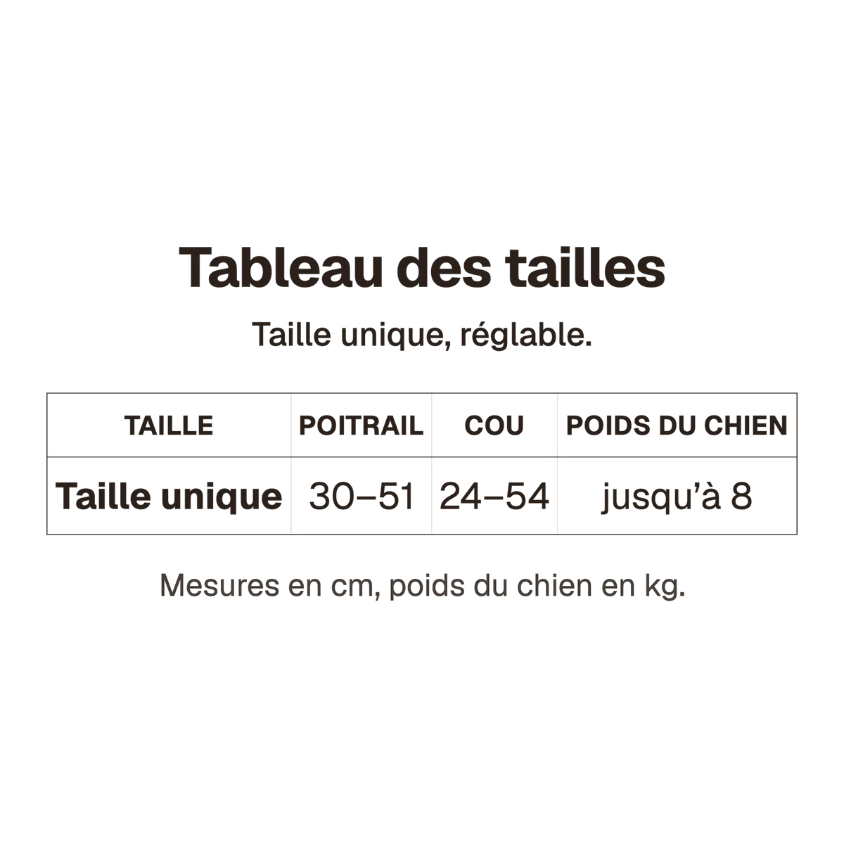 Tableau des tailles du harnais petit chien Tactique Léger, taille unique : poitrail 30 à 51 cm, cou 24 à 54 cm, chien jusqu'à 8 kg