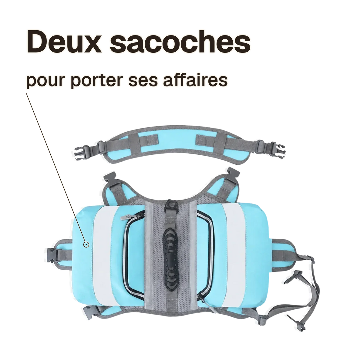 Harnais randonnée bleu : deux sacoches latérales pour porter ses affaires