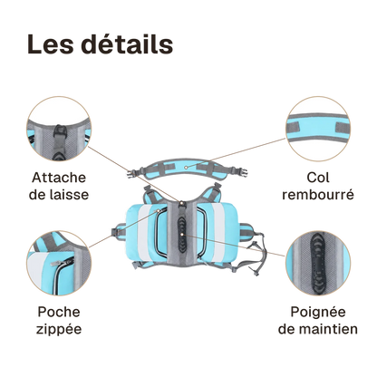 Les détails du harnais randonnée bleu : poignée de maintien, attache de laisse, poche zippée, col rembourré