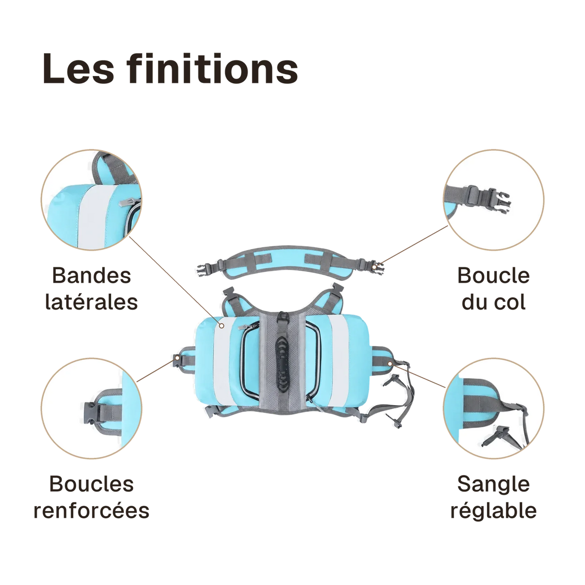 Les finitions du harnais randonnée bleu : boucles renforcées, boucle du col, sangle réglable, bandes latérales