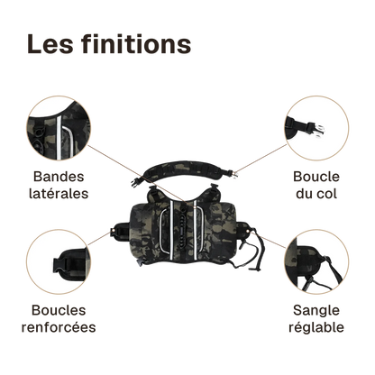Les finitions du harnais randonnée camouflage : boucles renforcées, boucle du col, sangle réglable, bandes latérales