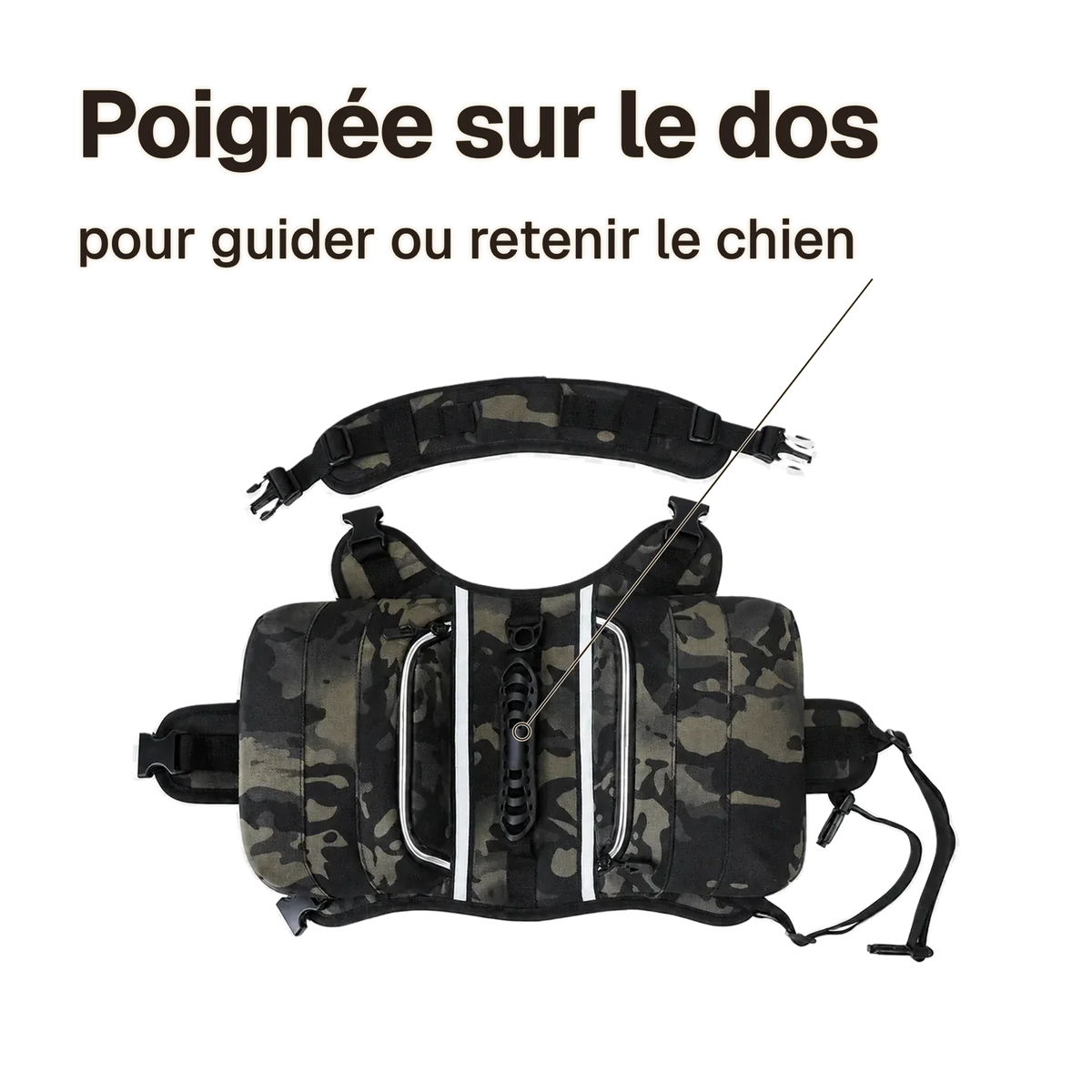 Harnais randonnée camouflage : poignée sur le dos pour guider ou retenir le chien