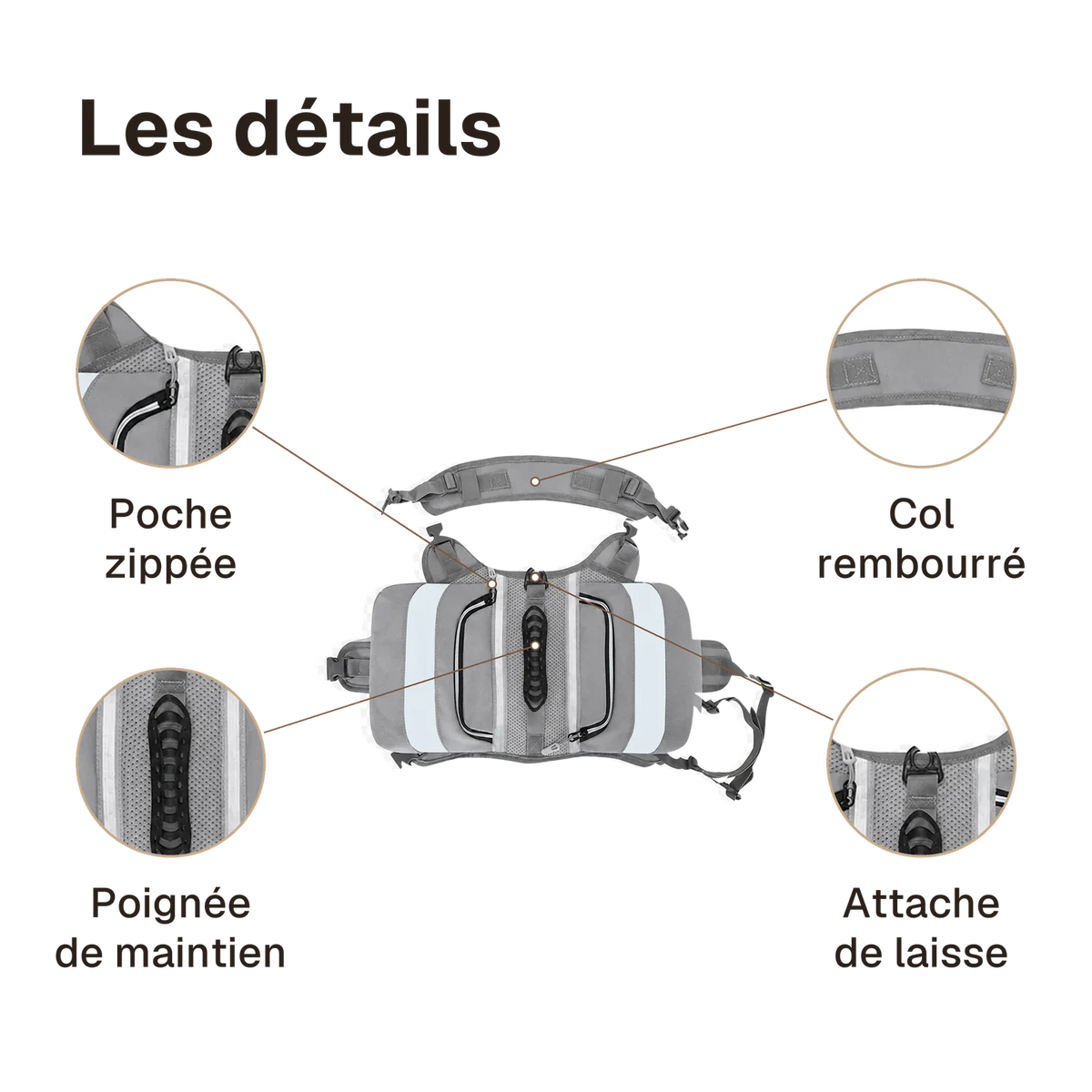 Les détails du harnais randonnée gris : poignée de maintien, attache de laisse, poche zippée, col rembourré