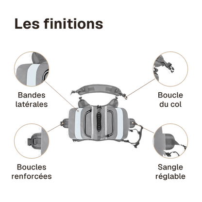 Les finitions du harnais randonnée gris : boucles renforcées, boucle du col, sangle réglable, bandes latérales