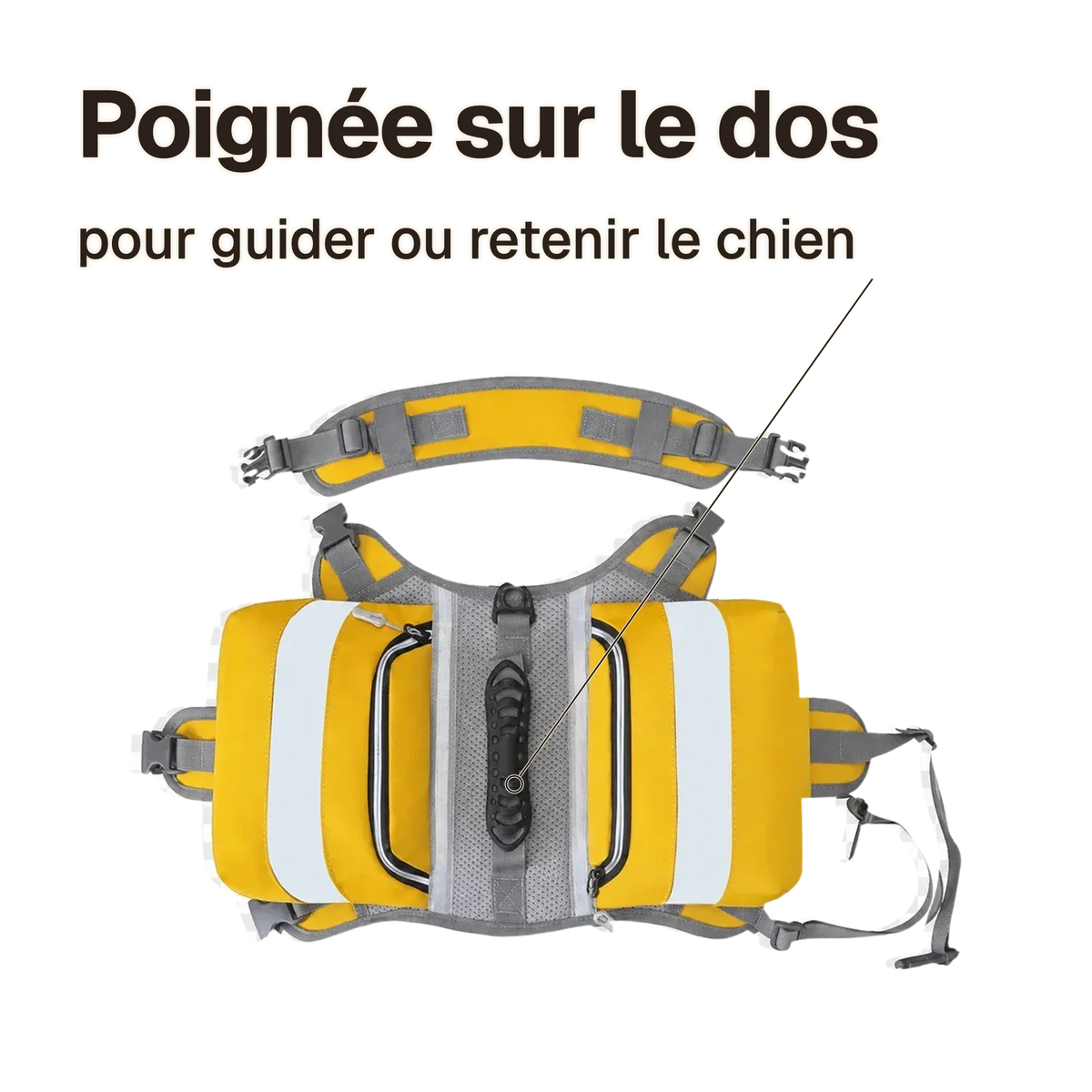 Harnais randonnée jaune : poignée sur le dos pour guider ou retenir le chien