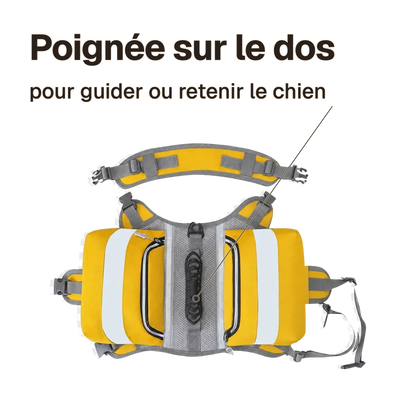 Harnais randonnée jaune : poignée sur le dos pour guider ou retenir le chien