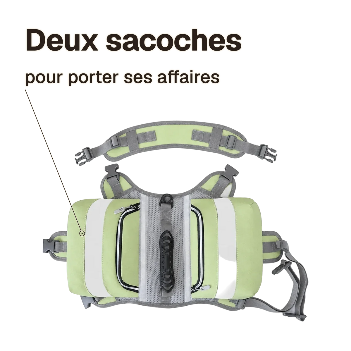 Harnais randonnée vert : deux sacoches latérales pour porter ses affaires