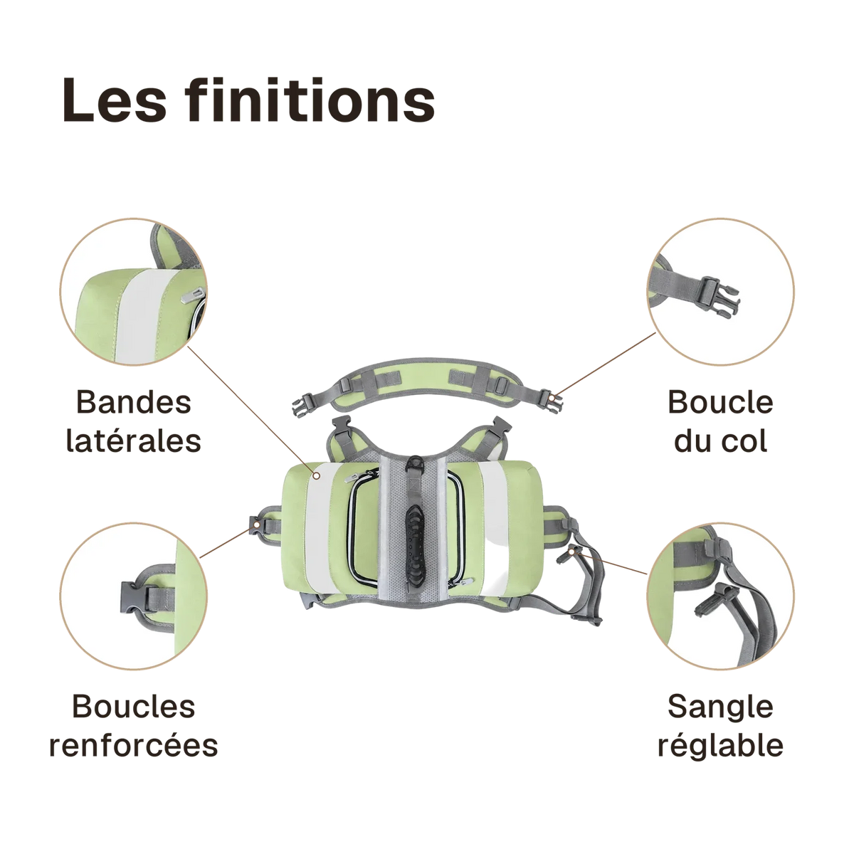 Les finitions du harnais randonnée vert : boucles renforcées, boucle du col, sangle réglable, bandes latérales