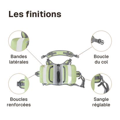 Les finitions du harnais randonnée vert : boucles renforcées, boucle du col, sangle réglable, bandes latérales