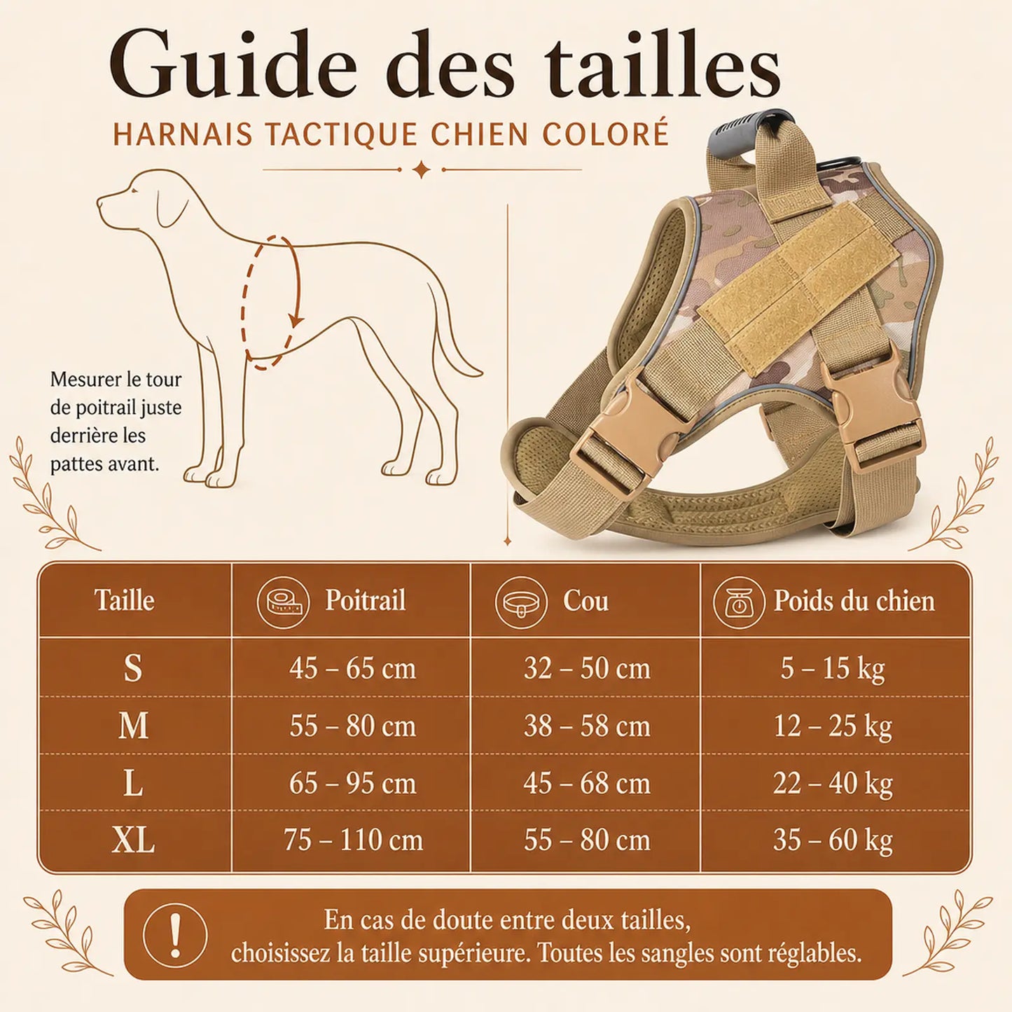 Harnais tactique chien colore - guide des tailles S M L XL